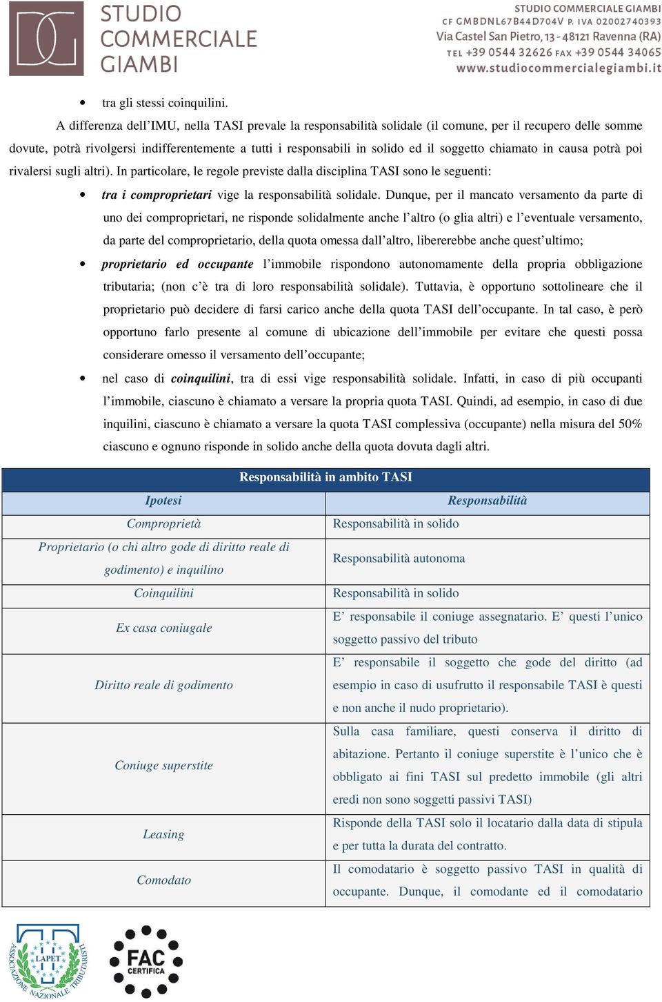 chiamato in causa potrà poi rivalersi sugli altri). In particolare, le regole previste dalla disciplina TASI sono le seguenti: tra i comproprietari vige la responsabilità solidale.