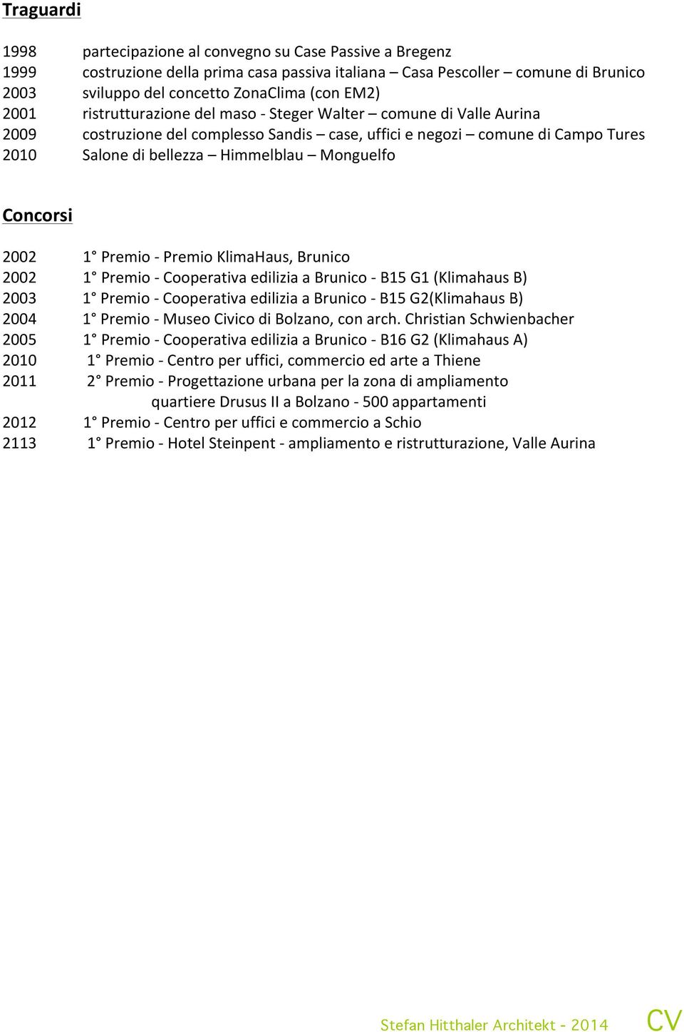 Concorsi 2002 1 Premio - Premio KlimaHaus, Brunico 2002 1 Premio - Cooperativa edilizia a Brunico - B15 G1 (Klimahaus B) 2003 1 Premio - Cooperativa edilizia a Brunico - B15 G2(Klimahaus B) 2004 1