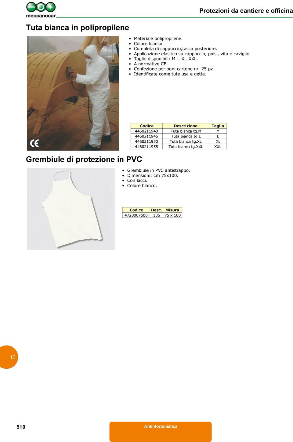 Identificate come tute usa e getta. Grembiule di protezione in PVC Codice Descrizione Taglia 4460211940 Tuta bianca tg.