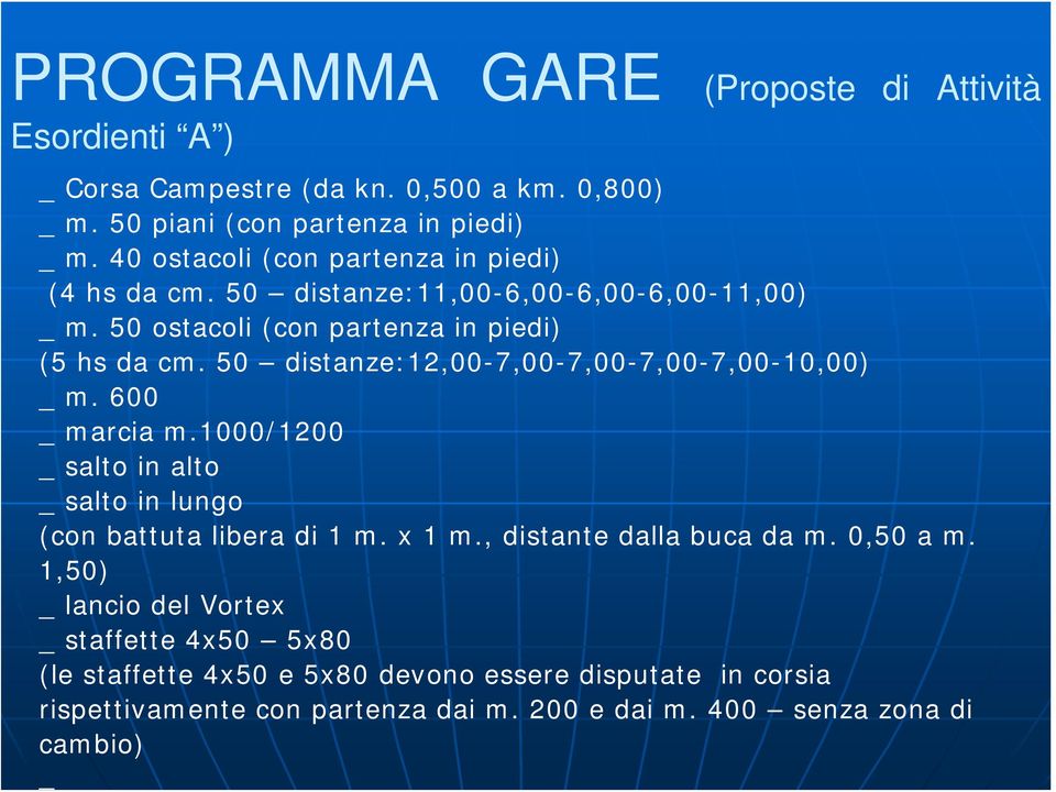 50 distanze:12,00-7,00-7,00-7,00-7,00-10,00) _ m. 600 _ marcia m.1000/1200 _ salto in alto _ salto in lungo (con battuta libera di 1 m. x 1 m.