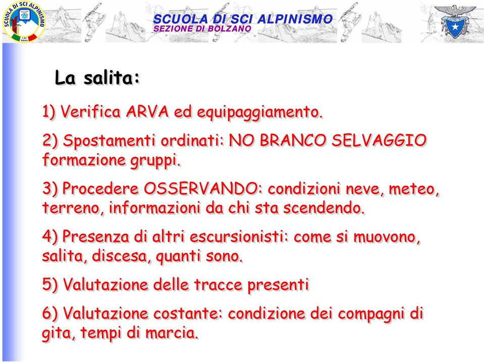 3) Procedere OSSERVANDO: condizioni neve, meteo, terreno, informazioni da chi sta scendendo.