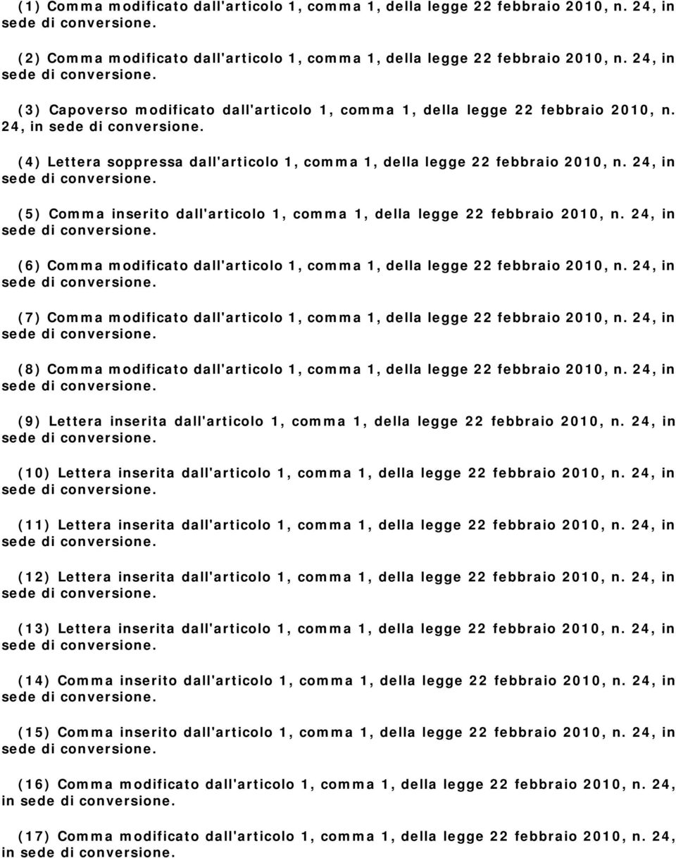 24, in (5) Comma inserito dall'articolo 1, comma 1, della legge 22 febbraio 2010, n. 24, in (6) Comma modificato dall'articolo 1, comma 1, della legge 22 febbraio 2010, n.