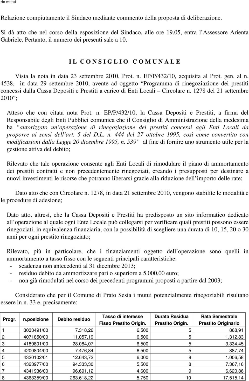 gen. al n. 4538, in data 29 settembre 2010, avente ad oggetto Programma di rinegoziazione dei prestiti concessi dalla Cassa Depositi e Prestiti a carico di Enti Locali Circolare n.