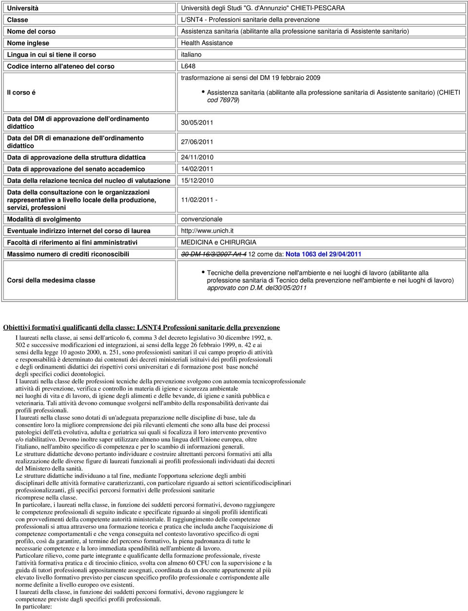 trasformazione ai sensi del DM 19 febbraio 2009 Assistenza sanitaria (abilitante alla professione sanitaria di Assistente sanitario) (CHIETI cod 76979) Data del DM di approvazione dell'ordinamento