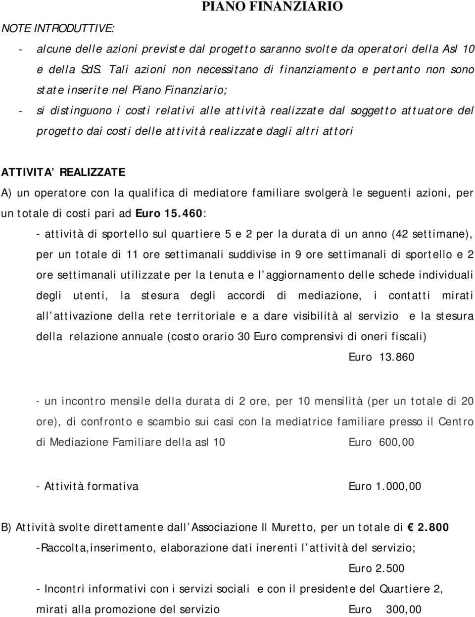 dai costi delle attività realizzate dagli altri attori ATTIVITA REALIZZATE A) un operatore con la qualifica di mediatore familiare svolgerà le seguenti azioni, per un totale di costi pari ad Euro 15.