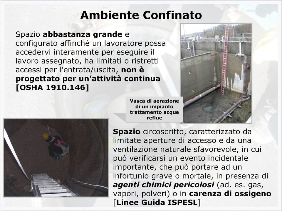 146] Vasca di aerazione di un impianto trattamento acque reflue Spazio circoscritto, caratterizzato da limitate aperture di accesso e da una ventilazione naturale