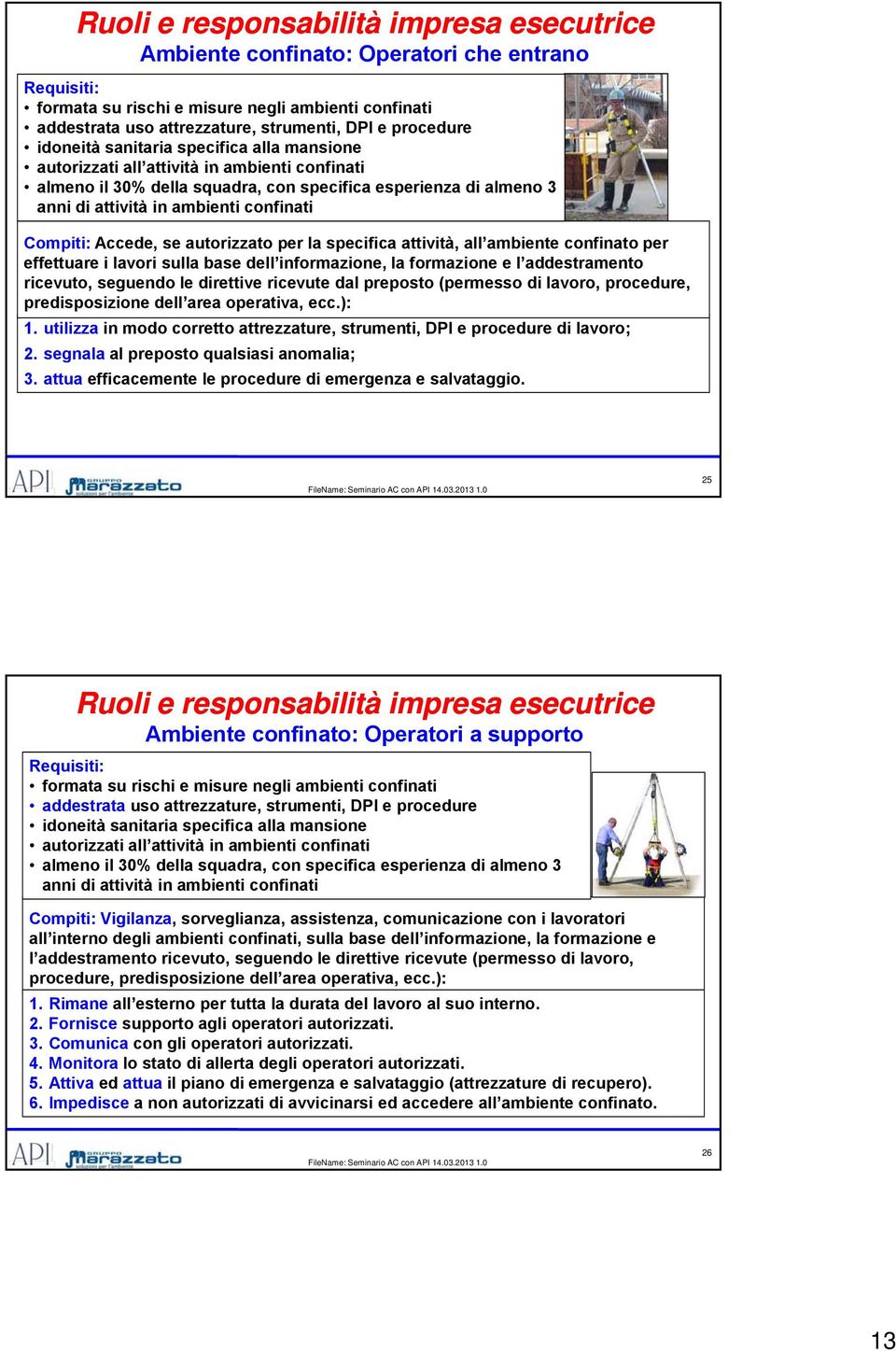 ambienti confinati Compiti: Accede, se autorizzato per la specifica attività, all ambiente confinato per effettuare i lavori sulla base dell informazione, la formazione e l addestramento ricevuto,