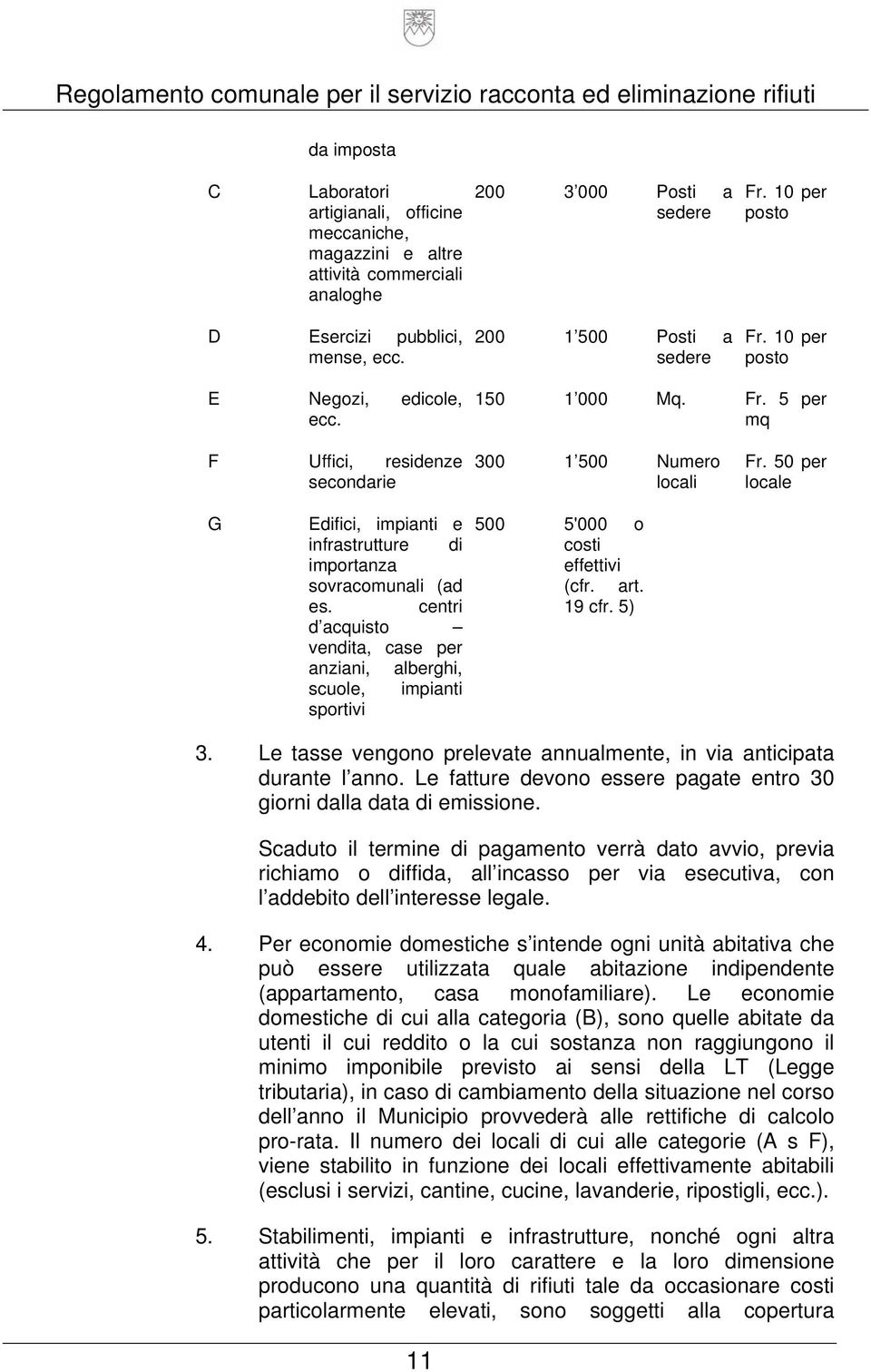 50 per locale G Edifici, impianti e infrastrutture di importanza sovracomunali (ad es.