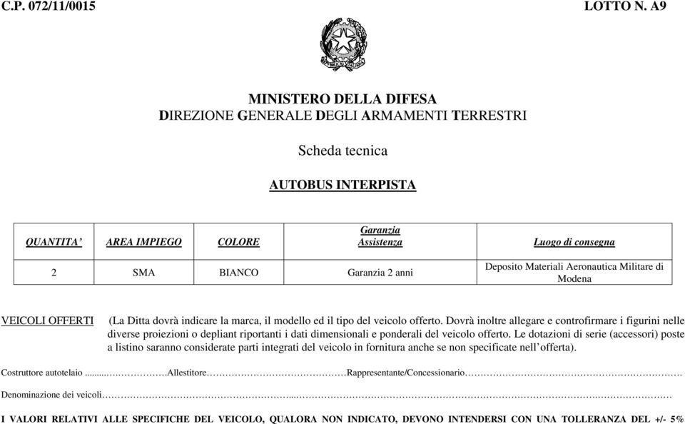 anni Deposito Materiali Aeronautica Militare di Modena VEICOLI OFFERTI (La Ditta dovrà indicare la marca, il modello ed il tipo del veicolo offerto.