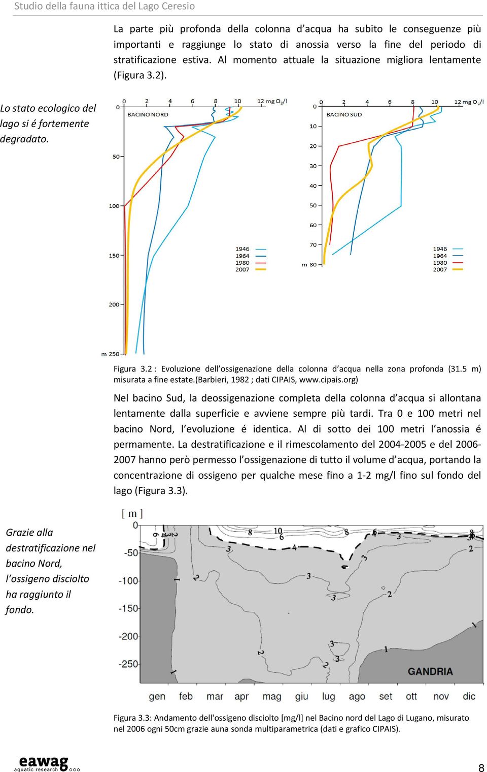 2 : Evoluzione dell ossigenazione della colonna d acqua nella zona profonda (31.5 m) misurata a fine estate.(barbieri, 1982 ; dati CIPAIS, www.cipais.
