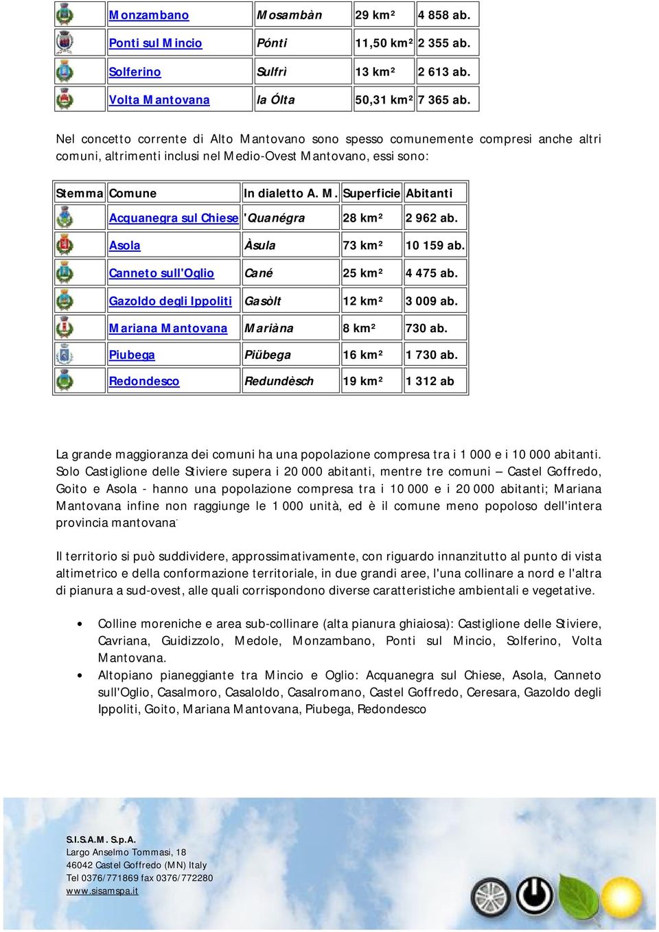 Asola Àsula 73 km² 10 159 ab. Canneto sull'oglio Cané 25 km² 4 475 ab. Gazoldo degli Ippoliti Gasòlt 12 km² 3 009 ab. Mariana Mantovana Mariàna 8 km² 730 ab. Piubega Piübega 16 km² 1 730 ab.