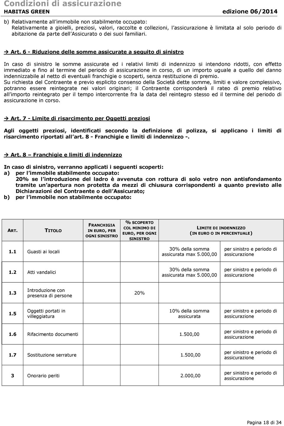 6 - Riduzione delle somme assicurate a seguito di sinistro In caso di sinistro le somme assicurate ed i relativi limiti di indennizzo si intendono ridotti, con effetto immediato e fino al termine del