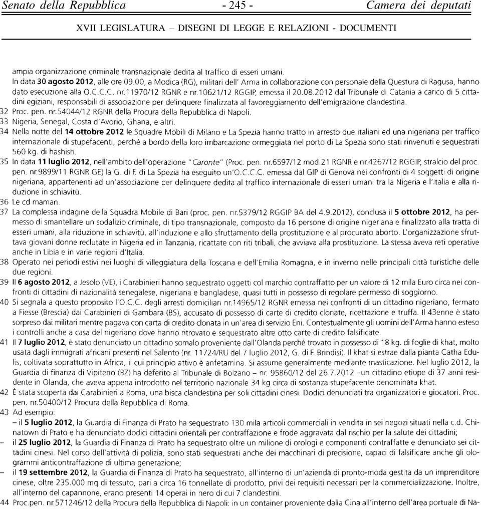 2012 dal Tribunale di Catania a carico di 5 cittadini egiziani, responsabili di associazione per delinquere finalizzata al favoreggiamento dell'emigrazione clandestina. 32 Proc. pen. nr.