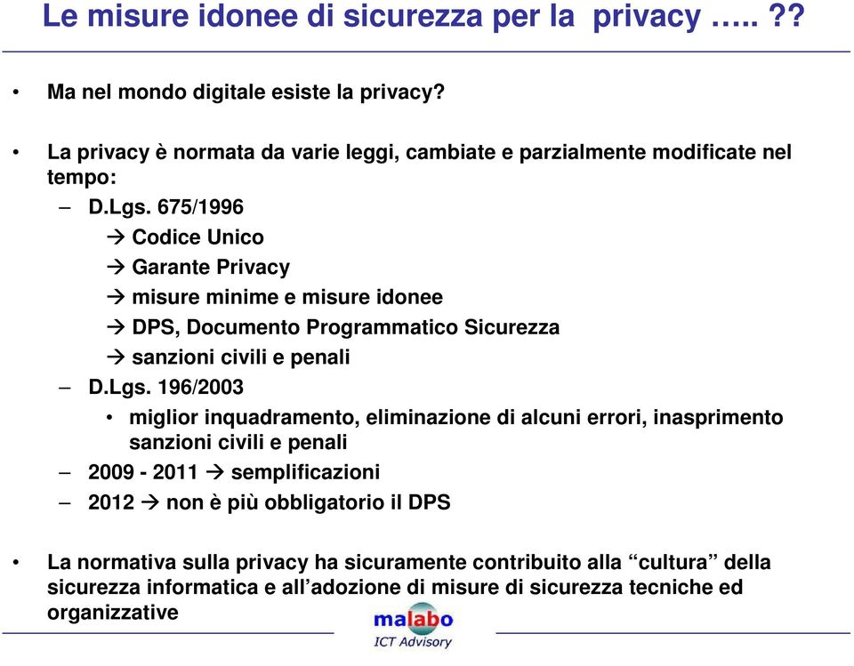 675/1996 Codice Unico Garante Privacy misure minime e misure idonee DPS, Documento Programmatico Sicurezza sanzioni civili e penali D.Lgs.