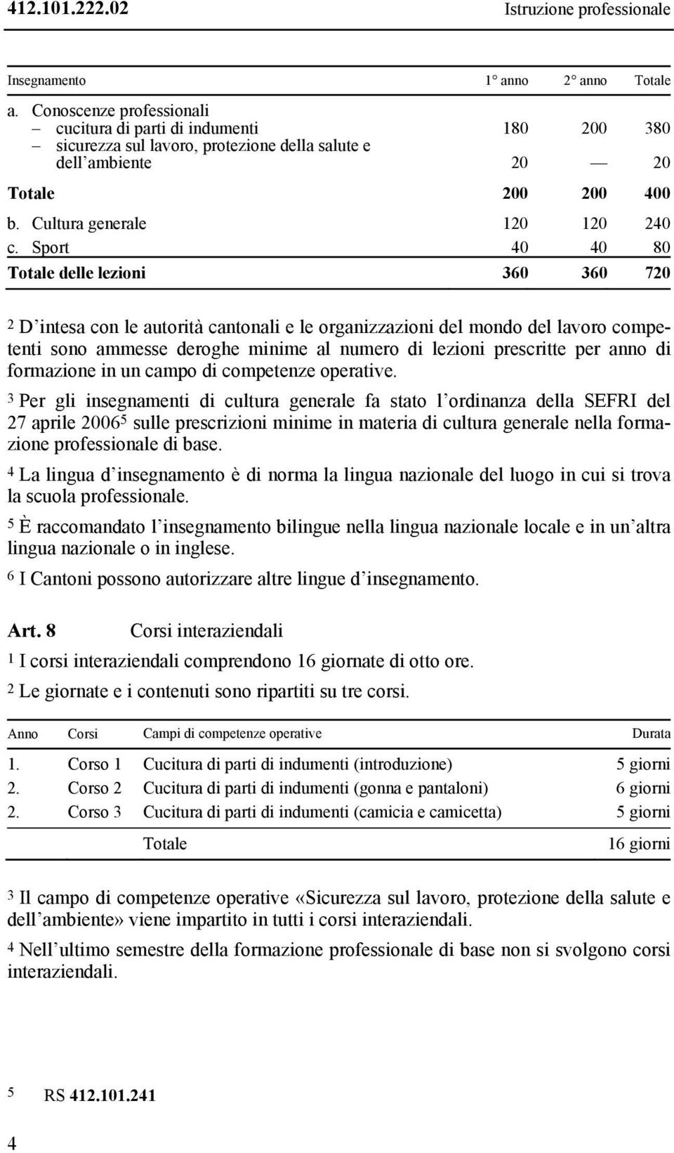 Sport 40 40 80 Totale delle lezioni 360 360 720 2 D intesa con le autorità cantonali e le organizzazioni del mondo del lavoro competenti sono ammesse deroghe minime al numero di lezioni prescritte