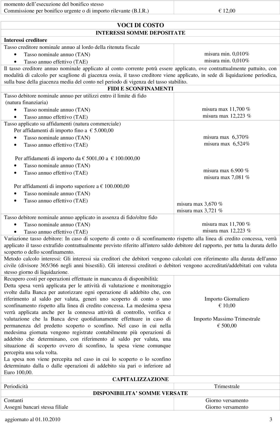 0,010% Il tasso creditore annuo nominale applicato al conto corrente potrà essere applicato, ove contrattualmente pattuito, con modalità di calcolo per scaglione di giacenza ossia, il tasso creditore