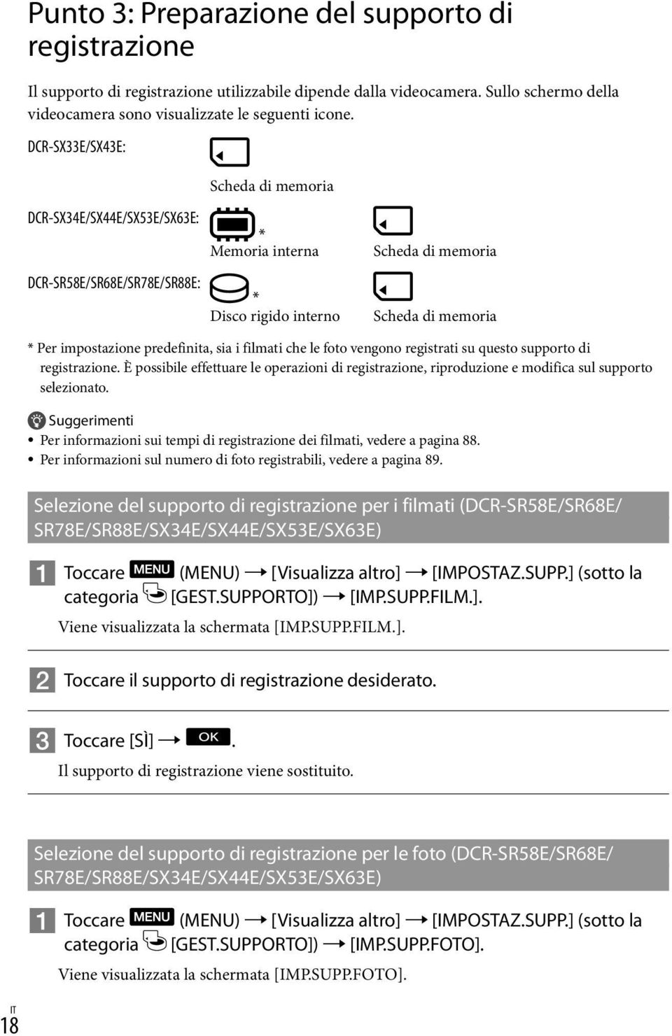 predefinita, sia i filmati che le foto vengono registrati su questo supporto di registrazione. È possibile effettuare le operazioni di registrazione, riproduzione e modifica sul supporto selezionato.