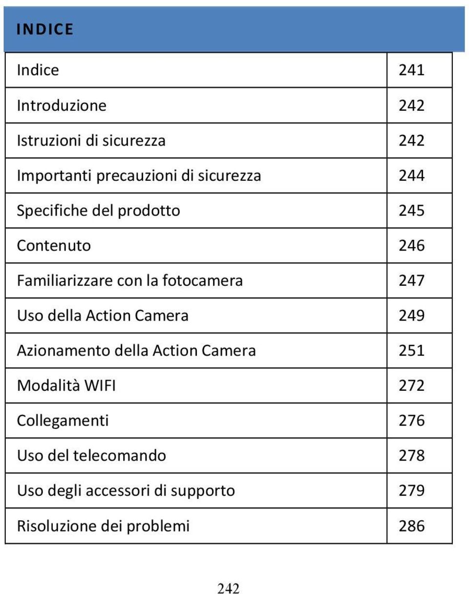 Uso della Action Camera 249 Azionamento della Action Camera 251 Modalità WIFI 272