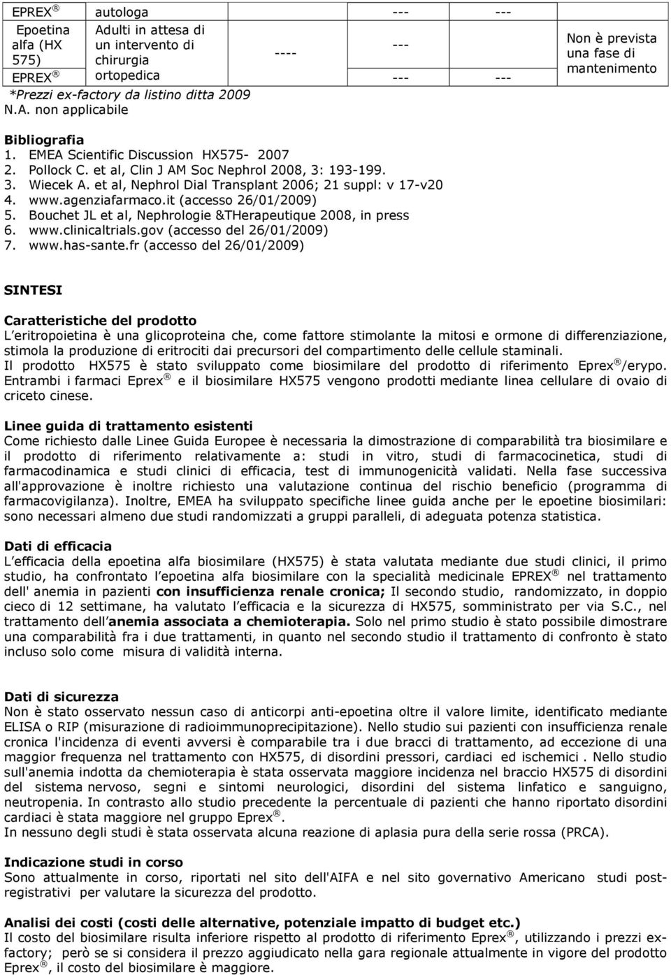 agenziafarmaco.it (accesso 26/01/2009) 5. Bouchet JL et al, Nephrologie &THerapeutique 2008, in press 6. www.clinicaltrials.gov (accesso del 26/01/2009) 7. www.has-sante.