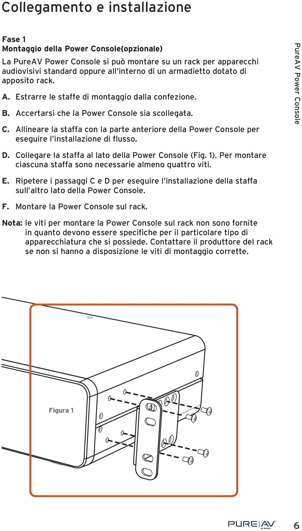 D. Collegare la staffa al lato della Power Console (Fig. 1). Per montare ciascuna staffa sono necessarie almeno quattro viti. E.