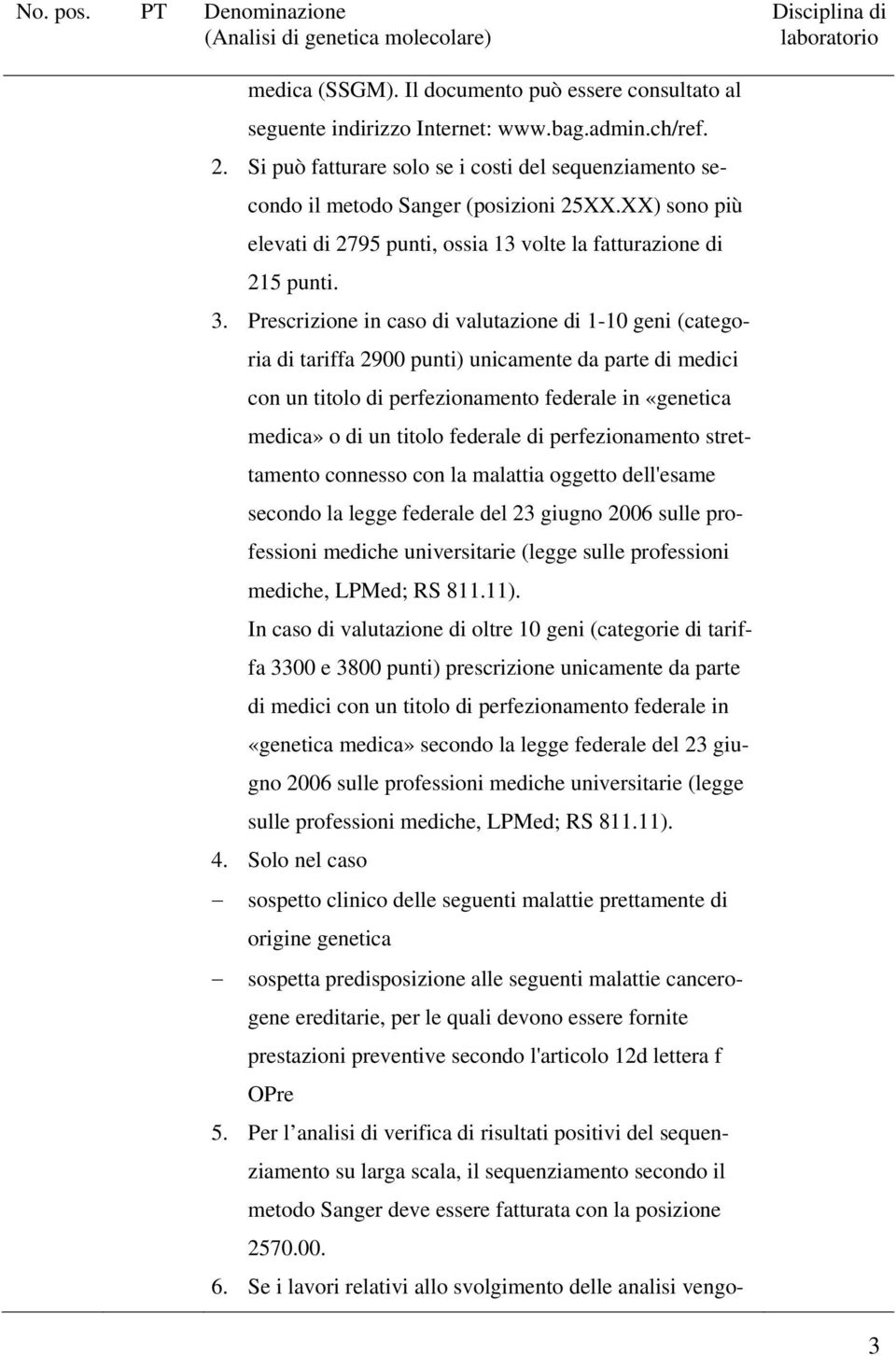 Prescrizione in caso di valutazione di 1-10 geni (categoria di tariffa 2900 punti) unicamente da parte di medici con un titolo di perfezionamento federale in «genetica medica» o di un titolo federale