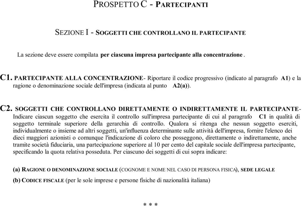 SOGGETTI CHE CONTROLLANO DIRETTAMENTE O INDIRETTAMENTE IL PARTECIPANTE- Indicare ciascun soggetto che esercita il controllo sull'impresa partecipante di cui al paragrafo C1 in qualità di soggetto