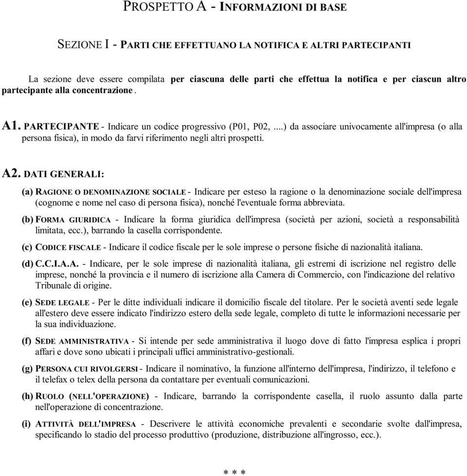 ..) da associare univocamente all'impresa (o alla persona fisica), in modo da farvi riferimento negli altri prospetti. A2.