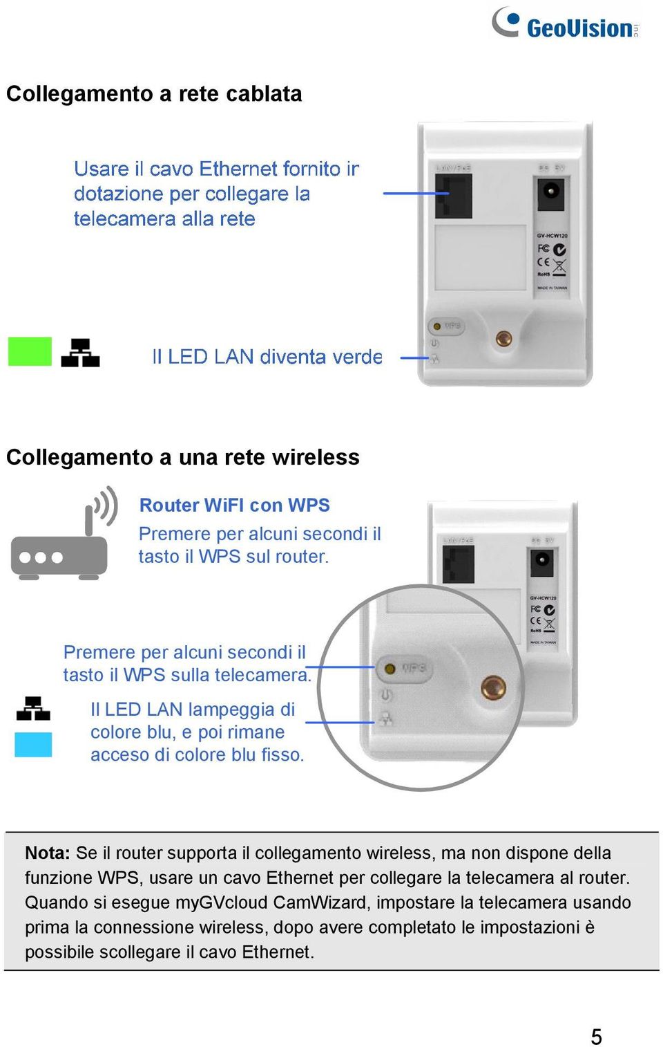 Nota: Se il router supporta il collegamento wireless, ma non dispone della funzione WPS, usare un cavo Ethernet per collegare la telecamera al router.