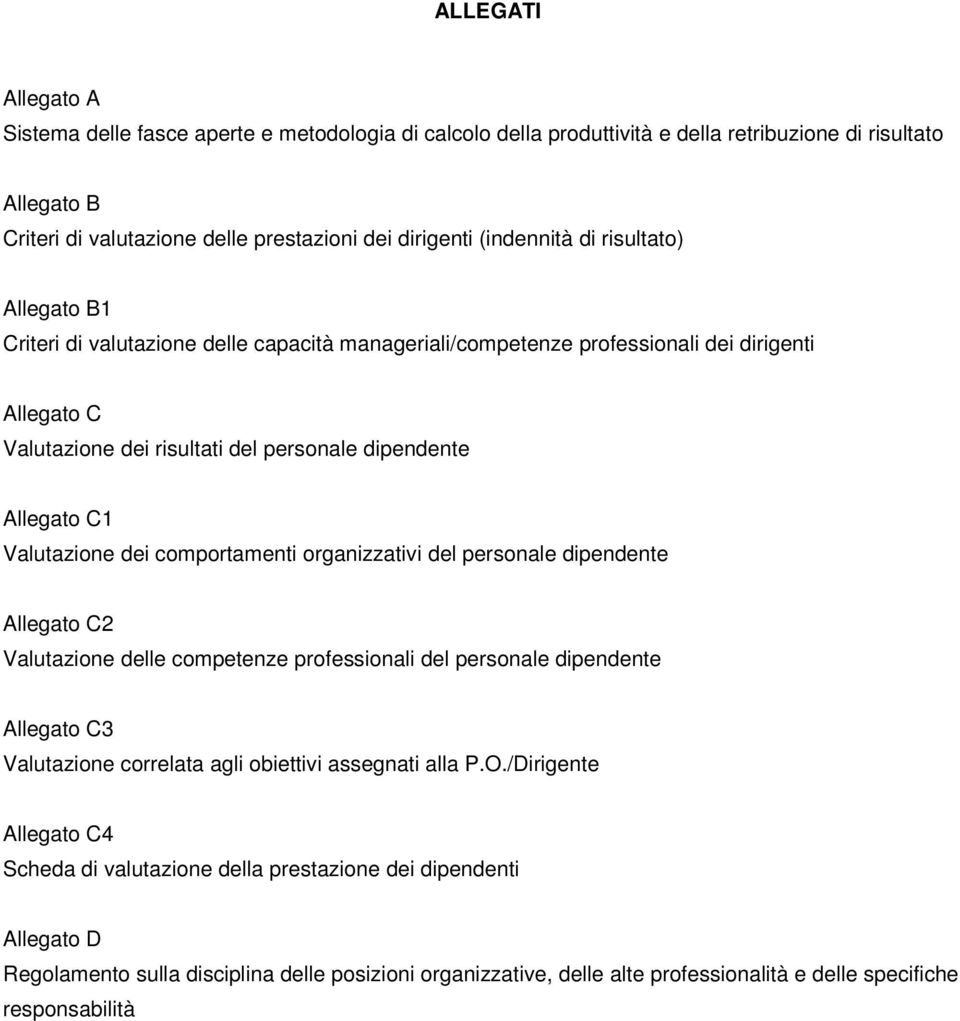 Valutazione dei comportamenti organizzativi del personale dipendente Allegato C2 Valutazione delle competenze professionali del personale dipendente Allegato C3 Valutazione correlata agli obiettivi