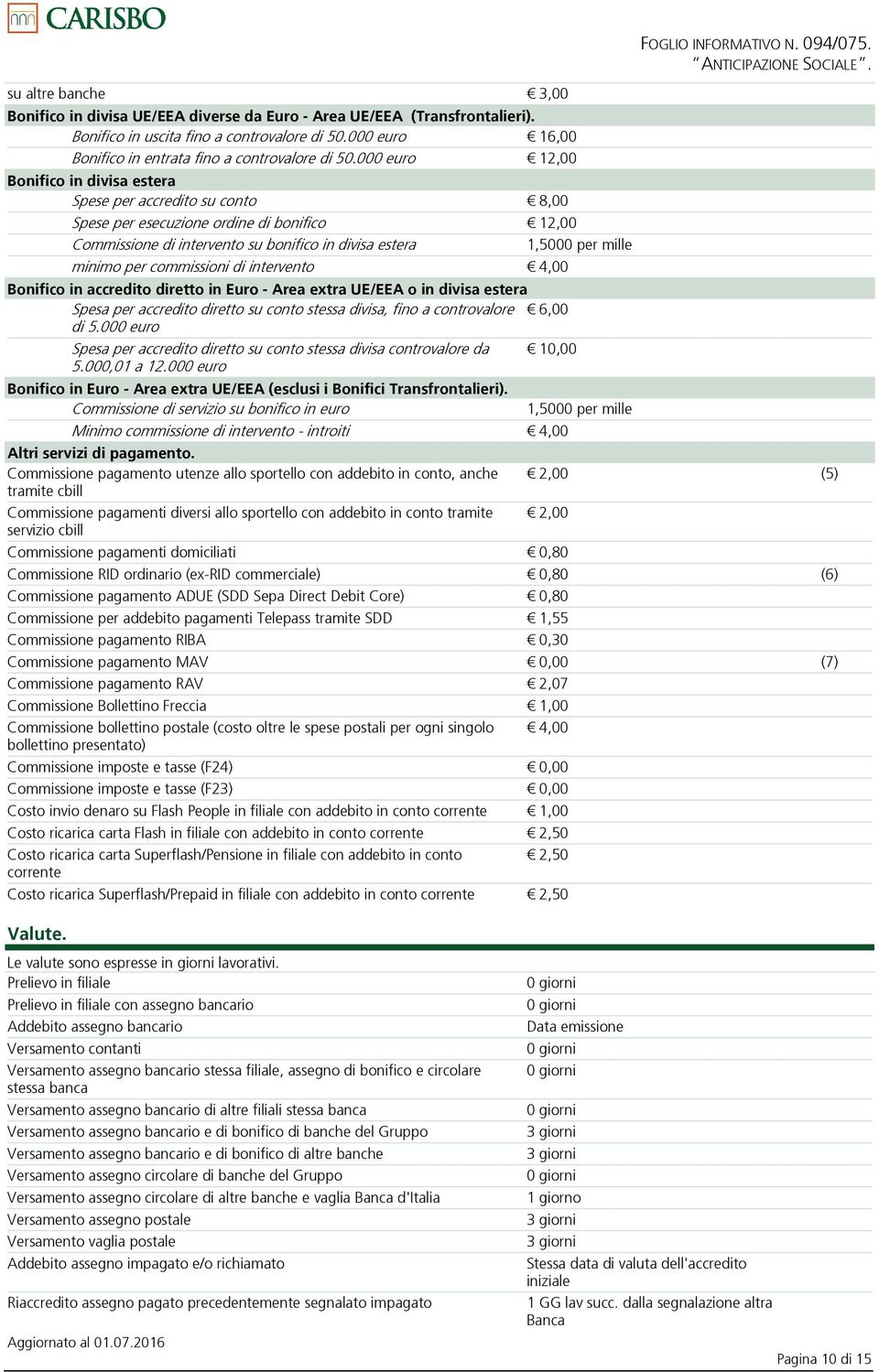 000 euro 12,00 Bonifico in divisa estera Spese per accredito su conto 8,00 Spese per esecuzione ordine di bonifico 12,00 Commissione di intervento su bonifico in divisa estera 1,5000 per mille minimo