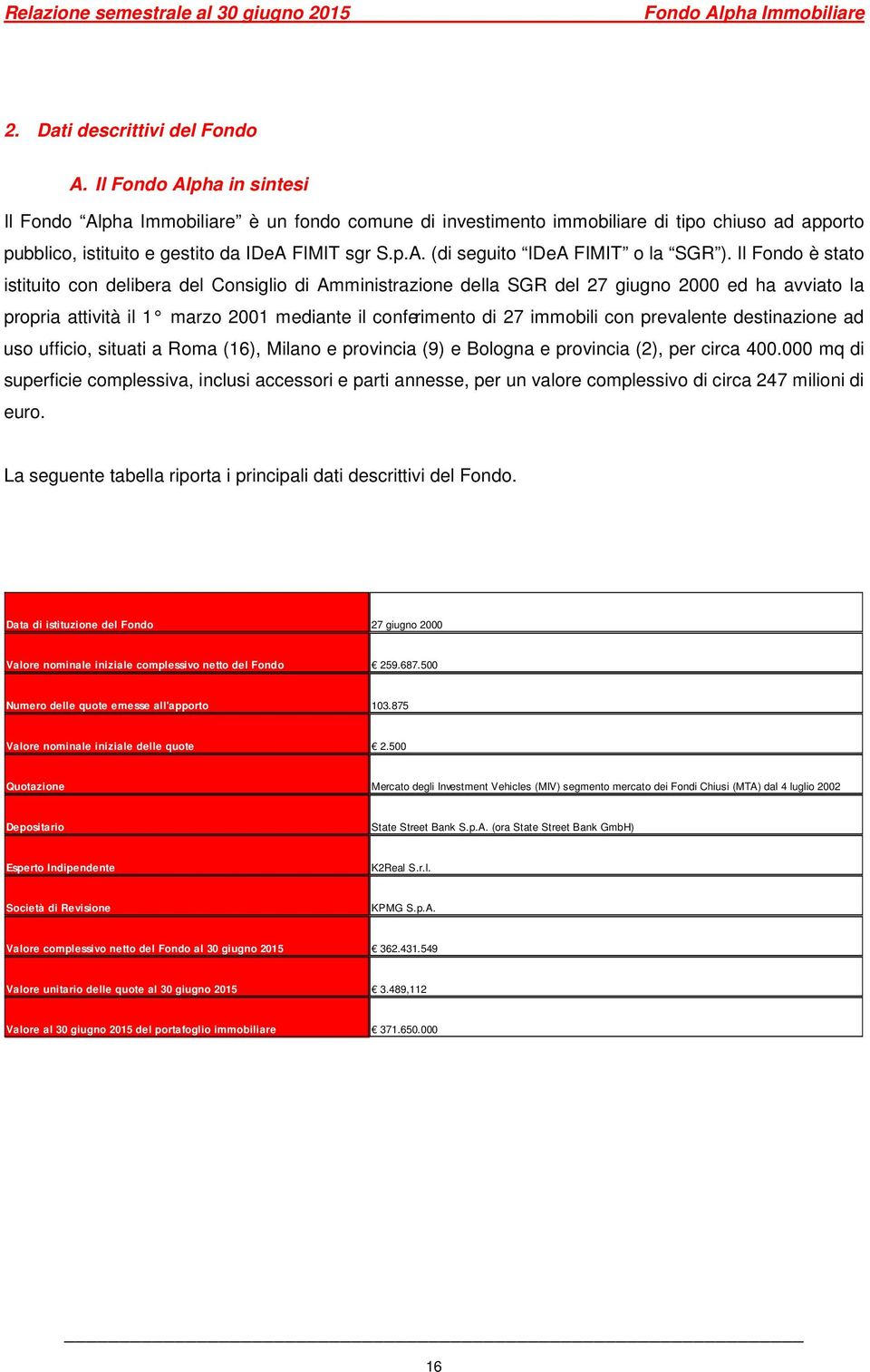 Il Fondo è stato istituito con delibera del Consiglio di Amministrazione della SGR del 27 giugno 2000 ed ha avviato la propria attività il 1 marzo 2001 mediante il conferimento di 27 immobili con