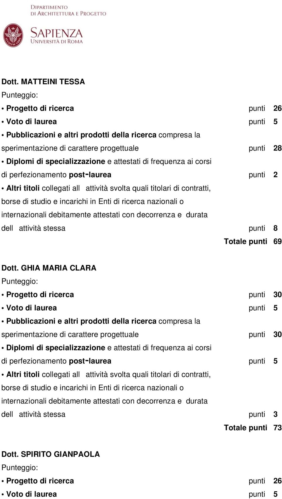 GHIA MARIA CLARA Progetto di ricerca punti 30 sperimentazione di carattere progettuale punti 30 di