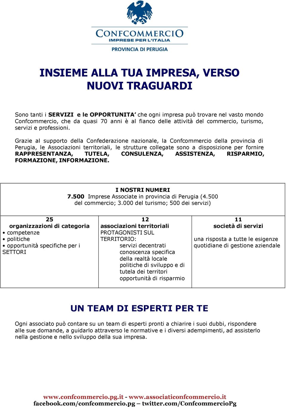 Grazie al supporto della Confederazione nazionale, la Confcommercio della provincia di Perugia, le Associazioni territoriali, le strutture collegate sono a disposizione per fornire RAPPRESENTANZA,