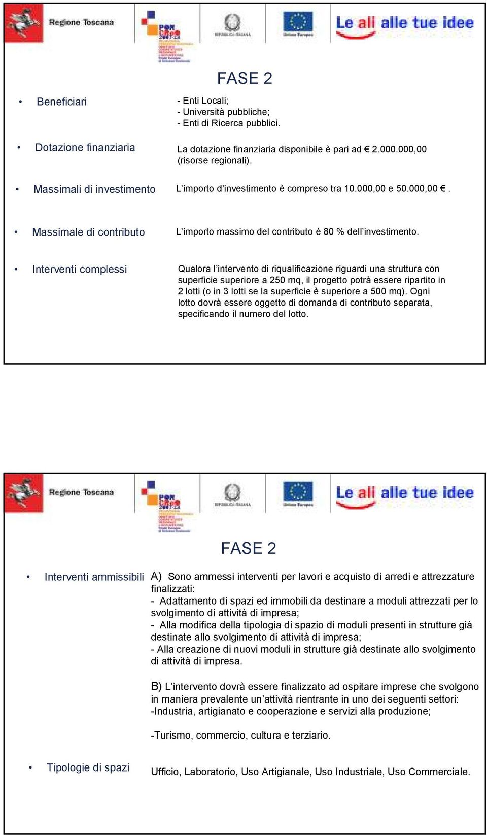 Interventi complessi Qualora l intervento di riqualificazione riguardi una struttura con superficie superiore a 250 mq, il progetto potrà essere ripartito in 2 lotti (o in 3 lotti se la superficie è