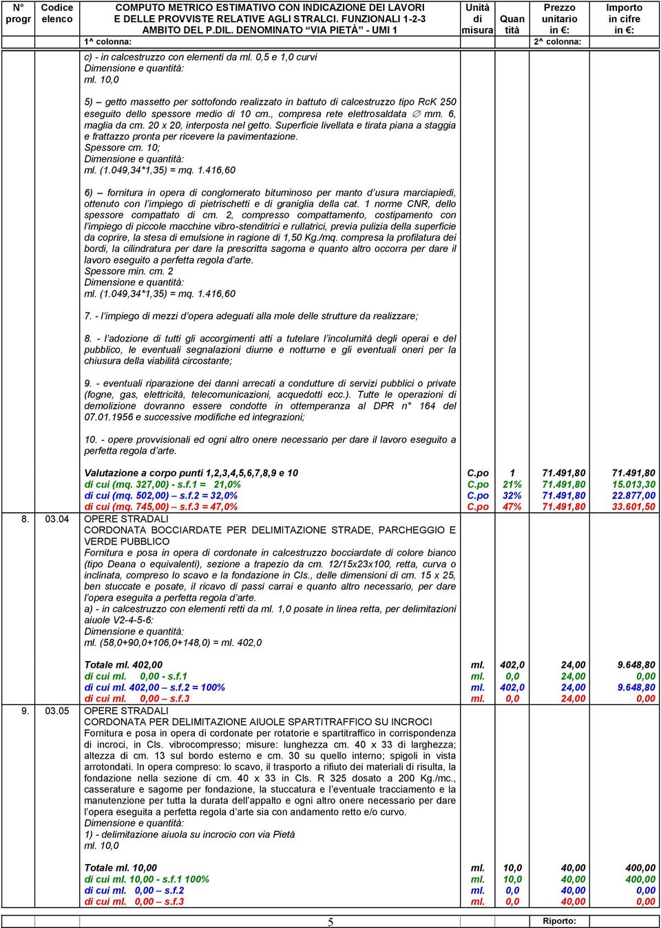 (1.049,34*1,35) = mq. 1.416,60 6) fornitura in opera conglomerato bituminoso per manto d usura marciapie, ottenuto con l impiego pietrischetti e graniglia della cat.