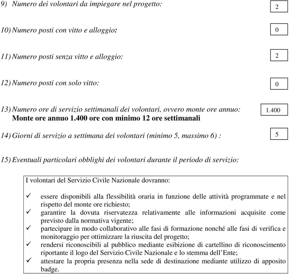 400 5 15) Eventuali particolari obblighi dei volontari durante il periodo di servizio: I volontari del Servizio Civile Nazionale dovranno: essere disponibili alla flessibilità oraria in funzione