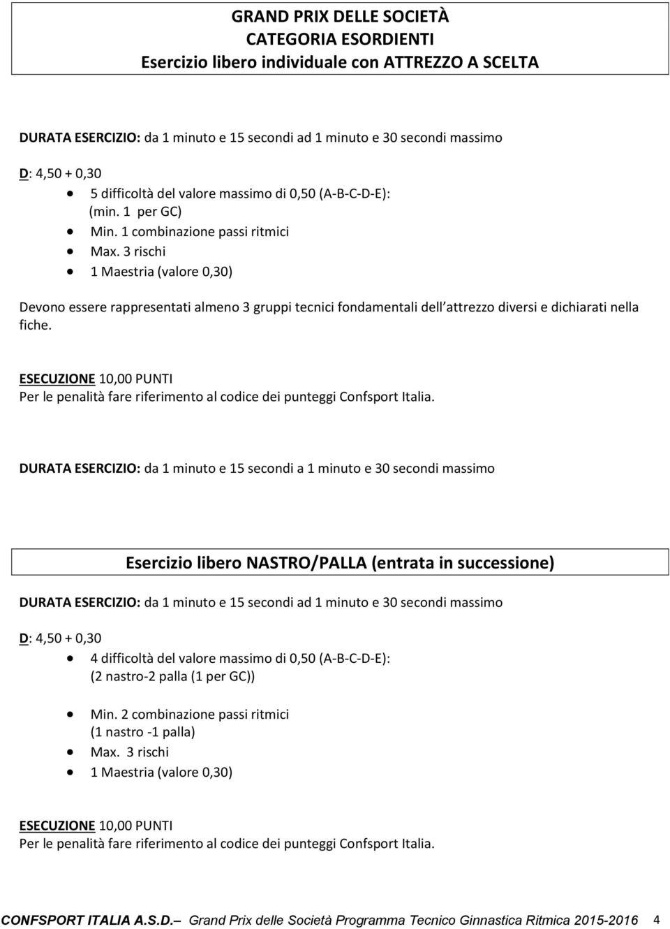DURATA ESERCIZIO: da 1 minuto e 15 secondi a 1 minuto e 30 secondi massimo Esercizio libero NASTRO/PALLA (entrata in successione) DURATA ESERCIZIO: da 1 minuto e 15 secondi ad 1 minuto e 30 secondi