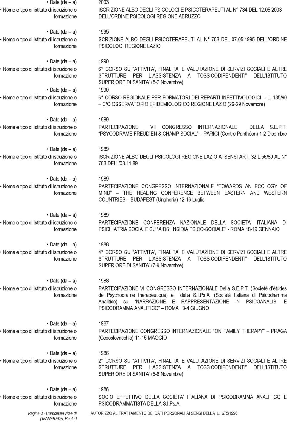 1995 DELL ORDINE PSICOLOGI REGIONE LAZIO 1990 1990 1989 1989 1989 1989 1988 6 CORSO SU ATTIVITA, FINALITA E VALUTAZIONE DI SERVIZI SOCIALI E ALTRE SUPERIORE DI SANITA (5-7 Novembre) 6 CORSO REGIONALE