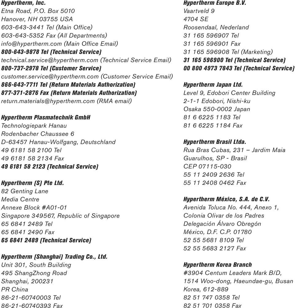 com (Technical Service Email) 800-737-2978 Tel (Customer Service) customer.service@hypertherm.