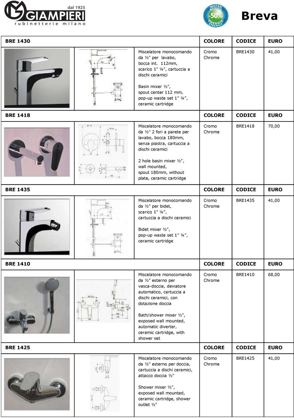 piastra, cartuccia a dischi ceramici BRE1418 70,00 2 hole basin mixer ½, wall mounted, spout 180mm, without plate, BRE 1435 COLORE CODICE EURO da ½ per bidet, scarico 1 ¼, BRE1435 41,00 Bidet mixer