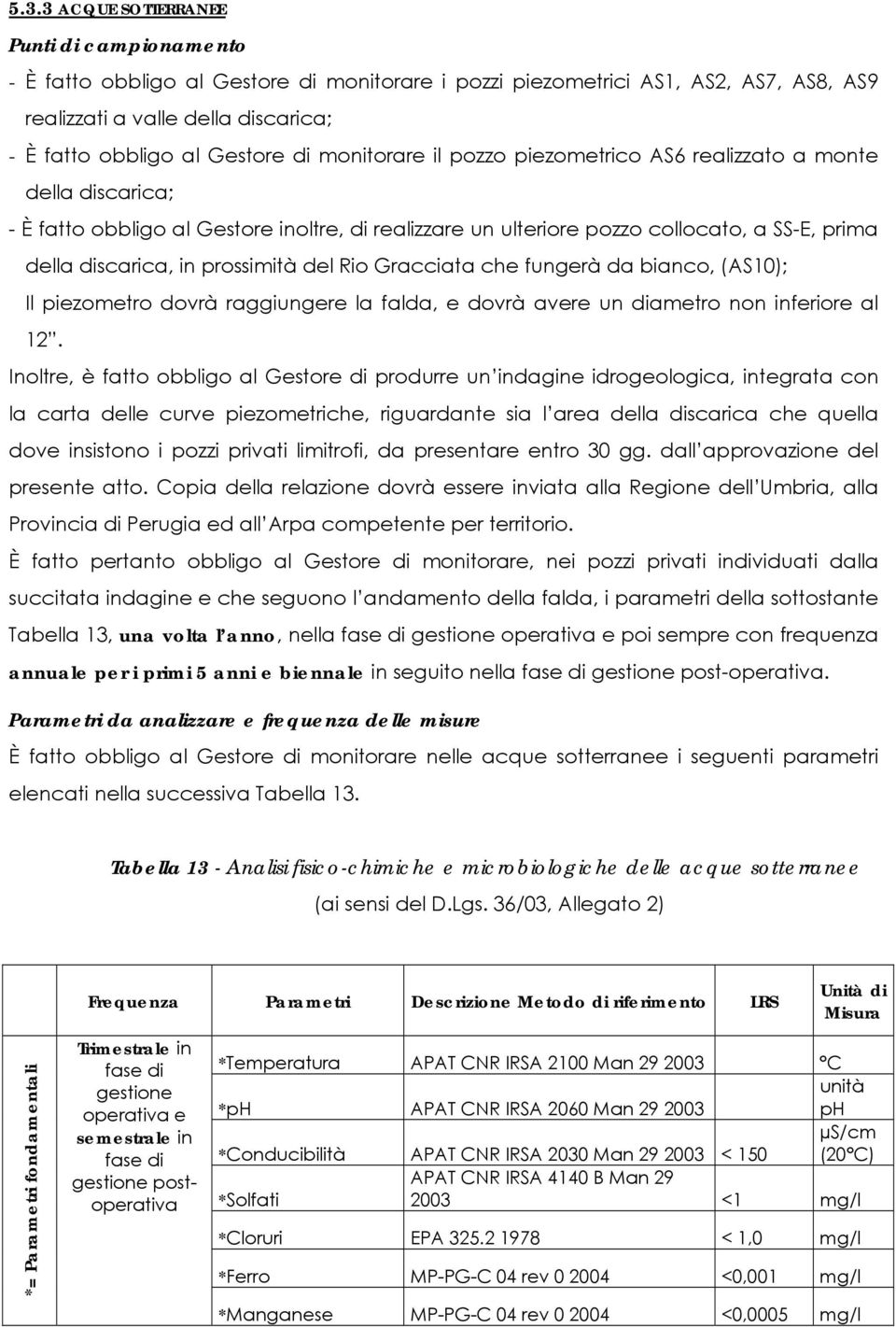 prossimità del Rio Gracciata che fungerà da bianco, (AS10); Il piezometro dovrà raggiungere la falda, e dovrà avere un diametro non inferiore al 12.