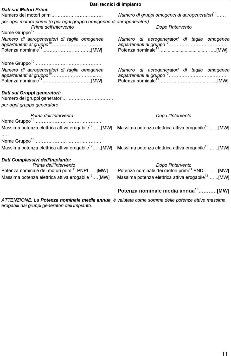 Potenza nominale 11.....[MW].. Numero di Potenza nominale 11.....[MW] Dati sui Gruppi generatori: Numero dei gruppi generatori.
