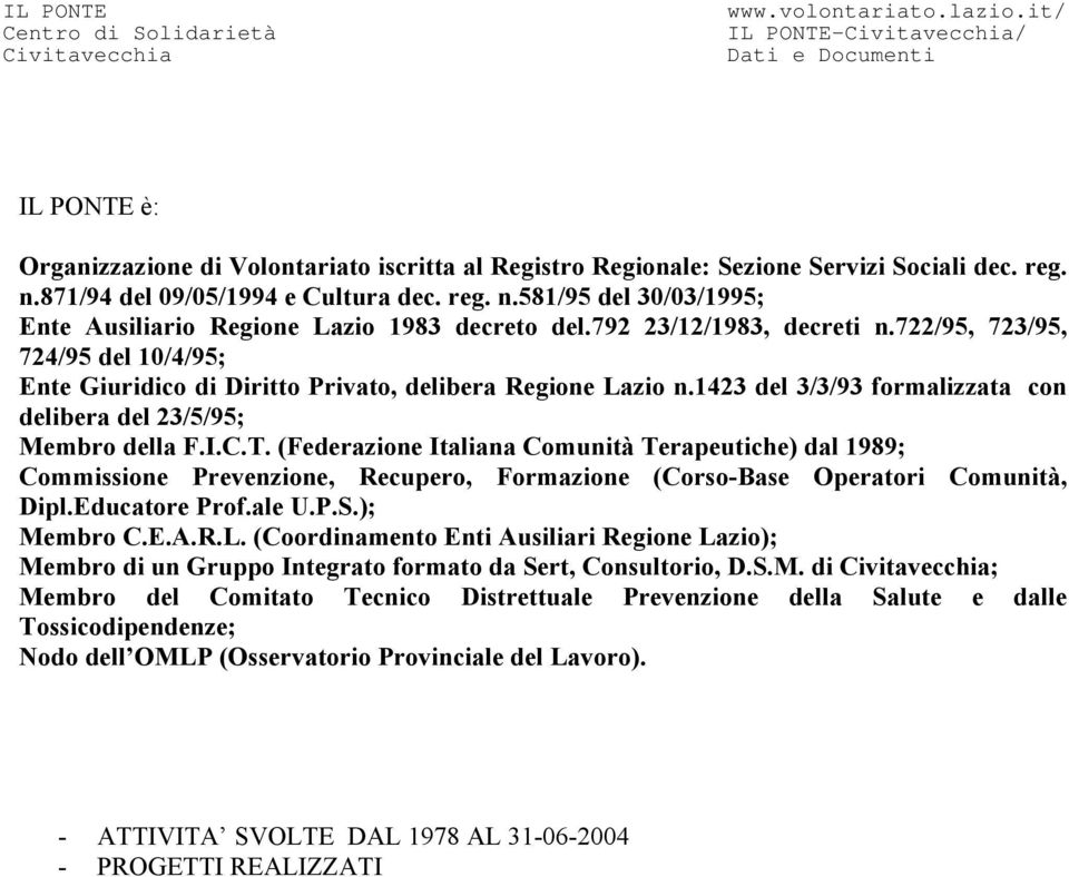 871/94 del 09/05/1994 e Cultura dec. reg. n.581/95 del 30/03/1995; Ente Ausiliario Regione Lazio 1983 decreto del.792 23/12/1983, decreti n.