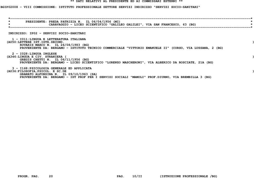 IL 26/08/1983 (BG) PROVENIENTE DA: BERGAMO - ISTITUTO TECNICO COMMERCIALE "VITTORIO EMANUELE II" (CORSO, VIA LUSSANA, 2 (BG) 2 - I028:LINGUA INGLESE (A346:LINGUA E CIV. STRANIERA ( ) GREGIS CHETTI N.