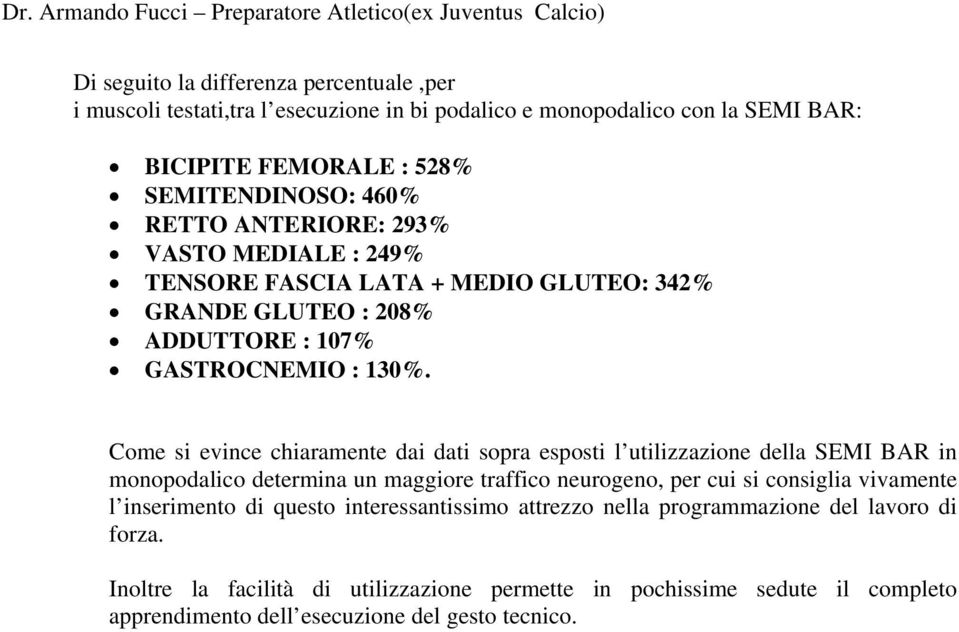 Come si evince chiaramente dai dati sopra esposti l utilizzazione della SEMI BAR in monopodalico determina un maggiore traffico neurogeno, per cui si consiglia vivamente l