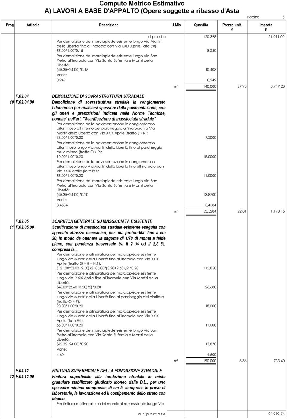 04 DEMOLIZIONE DI SOVRASTRUTTURA STRADALE 10 F.02.04.00 Demolizione di sovrastruttura stradale in conglomerato bituminoso per qualsiasi spessore della pavimentazione, con gli oneri e prescrizioni indicate nelle Norme Tecniche, nonche` nell'art.