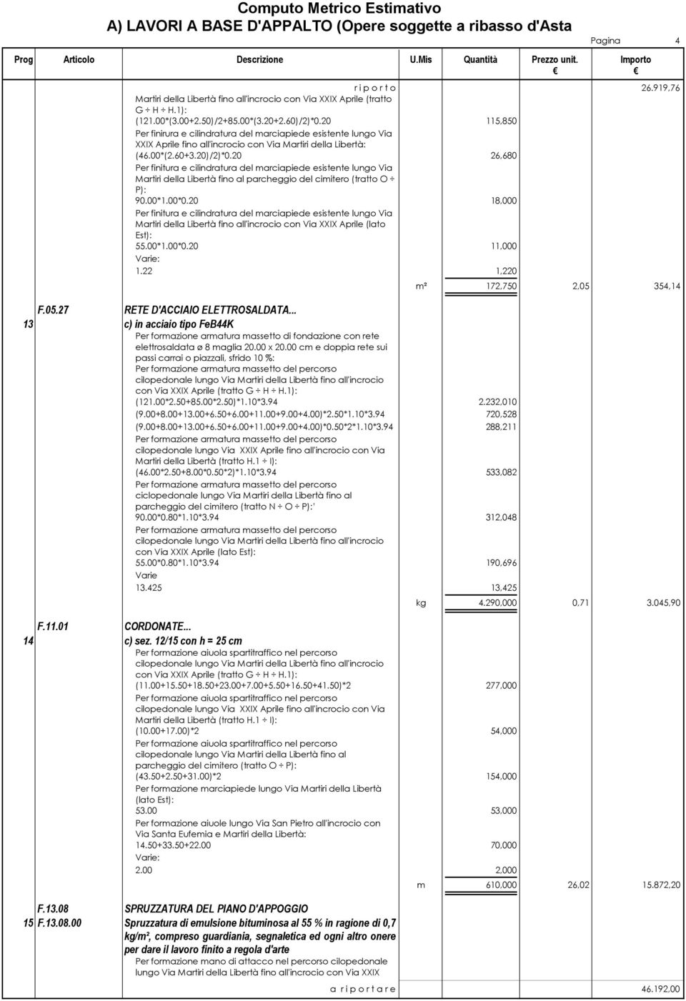 20 26,680 Per finitura e cilindratura del marciapiede esistente lungo Via Martiri della Libertà fino al parcheggio del cimitero (tratto O P): 90.00*1.00*0.