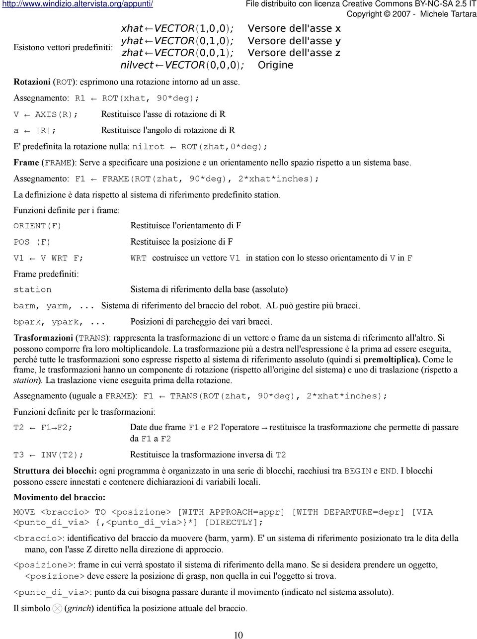 Assegnamento: R1 ROT(xhat, 90*deg); V AXIS(R); a R ; Restituisce l'asse di rotazione di R Restituisce l'angolo di rotazione di R E' predefinita la rotazione nulla: nilrot ROT(zhat,0*deg); Frame