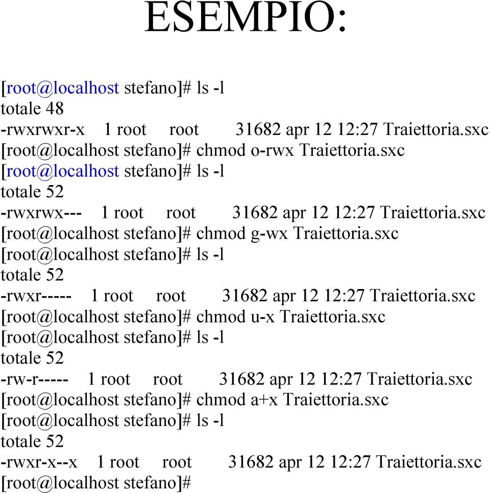 sxc [root@localhost stefano]# ls -l totale 52 -rwxr----- 1 root root 31682 apr 12 12:27 Traiettoria.sxc [root@localhost stefano]# chmod u-x Traiettoria.