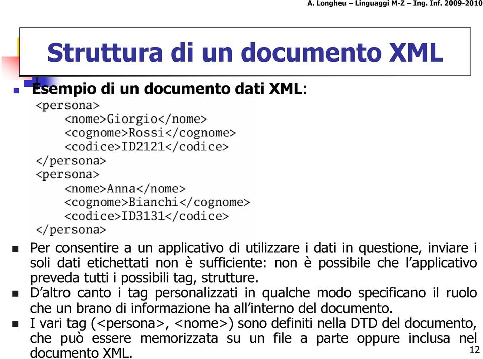 D altro canto i tag personalizzati in qualche modo specificano il ruolo che un brano di informazione ha all interno del documento.